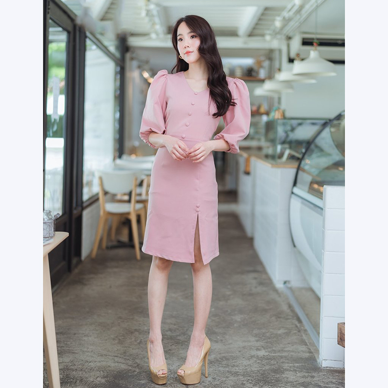 kudapy เดรสสั้นสีแดง,ชมพู แขนจั๊มคอวีกระดุมกลางดูดีสวย