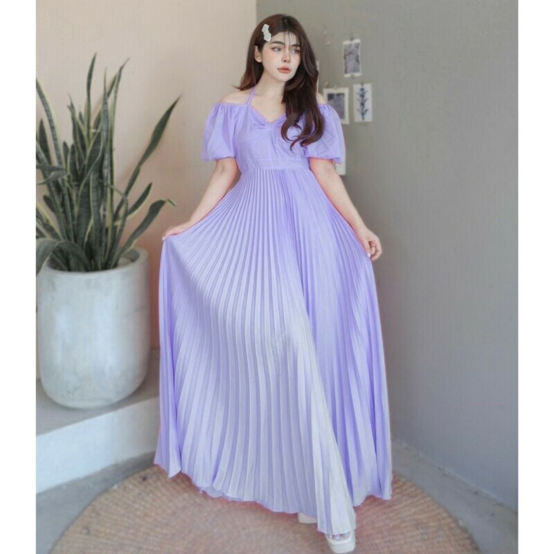 kudapy เดรสยาวแขนพอง สายผูกคอ กระโปรงอัดพลีท เดรสไปทะเลพริ้วๆ