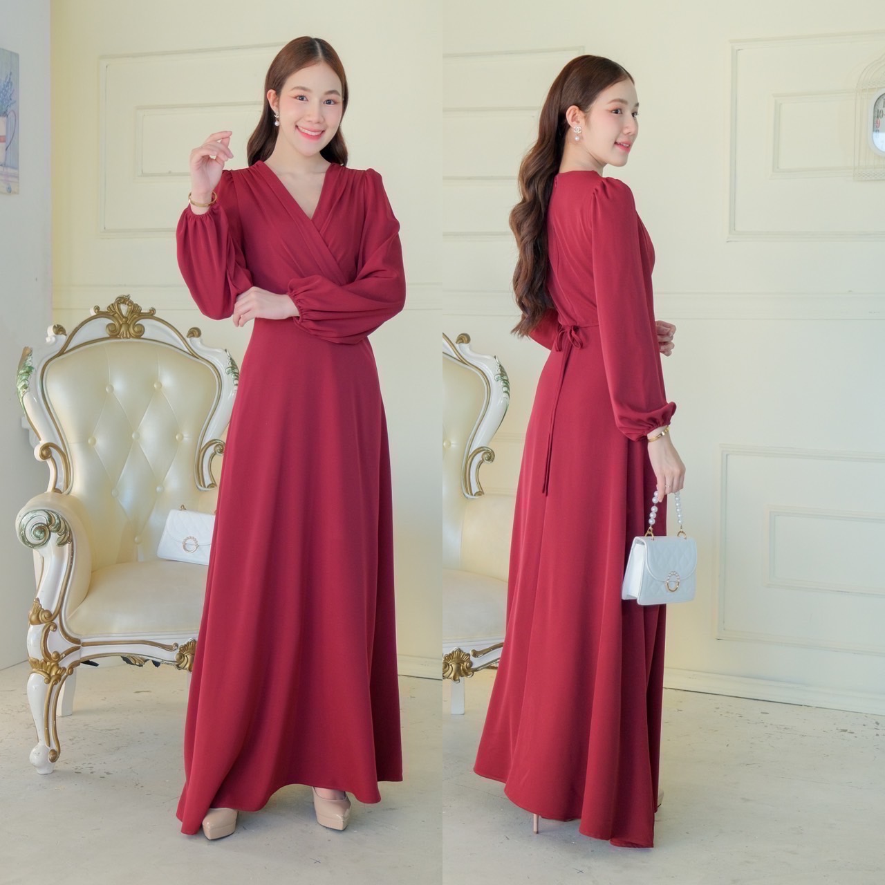 kudapy เดรสยาว/น้ำตาลอมเขียว/ชมพู/โอรส/ฟ้าอมเทา/แดง/ดำ คอวีป้ายเอว ดีเทลจับจีบ แขนยาว เพิ่มเชือกผูกเก็บช่วงเอว ผูกได้หน้า/หลัง