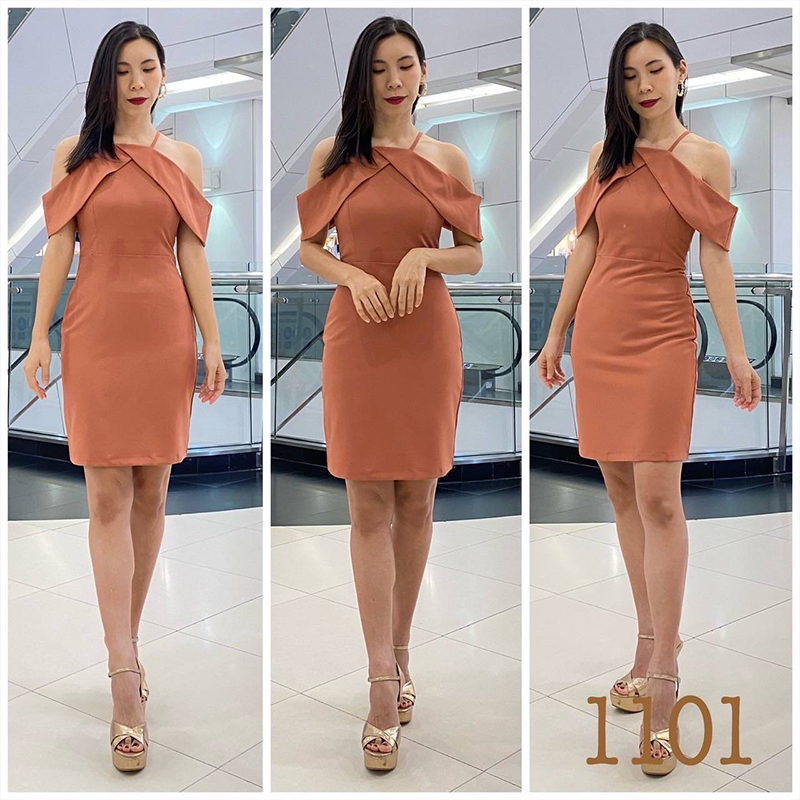 kudapy เดรสสั้นสีกรม/ครีม/ชมพู/ส้มอิฐ สายเดี่ยว ปิดบ่า ผ้าเครปเกาหลี เข้ารูป ใส่ออกงานสวยดูดี
