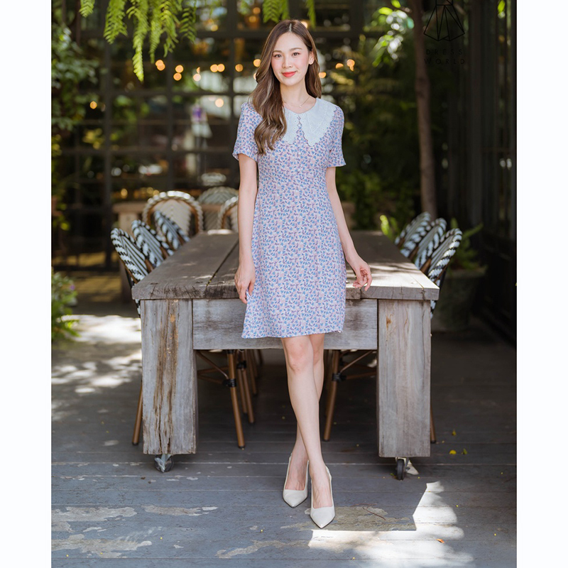 kudapy เดรสสั้นคอปกลูกไม้สีกรม/สีชมพู/สีเหลือง เดรสทำงานลายดอกปกลูกไม้