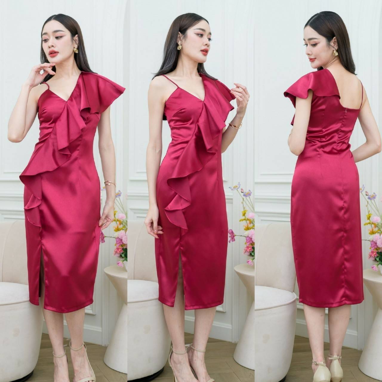 kudapy เดรสออกงานไหล่เดี่ยว แต่งระบาย เดรสสั้นใส่ออกงาน