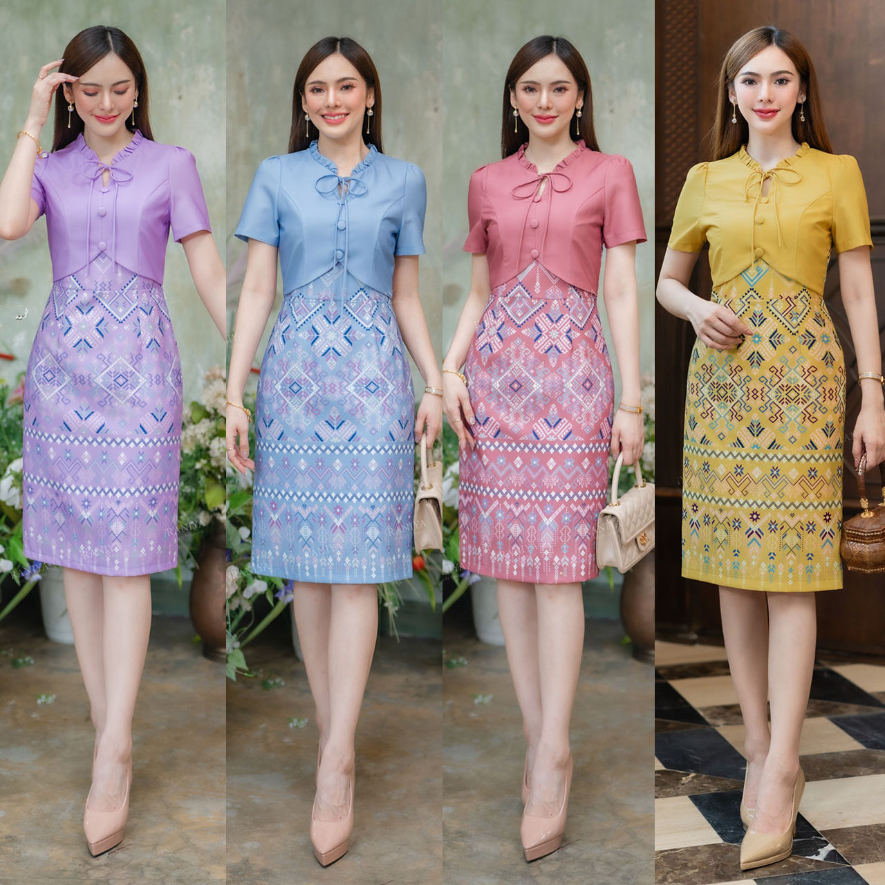 kudapy เดรสสั้นสีฟ้าทะเล/ม่วง/ชมพูกะปิ/เหลือง งานผ้าโพสลีเอสเตอร์เกาหลีแต่งกั๊กพิมพ์ลายไทยแพรวา มีซับในและชิปหลังใส่สบาย