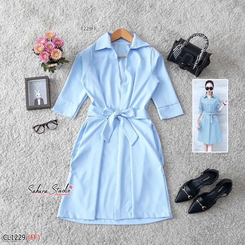 kudapy เดรสสั้นผ้าซาร่าสีพื้นปกเชิ้ต แขนศอก เอวไม่สมม๊อค มีเชือกผูกโบว์เข้ารูปสวยงาน