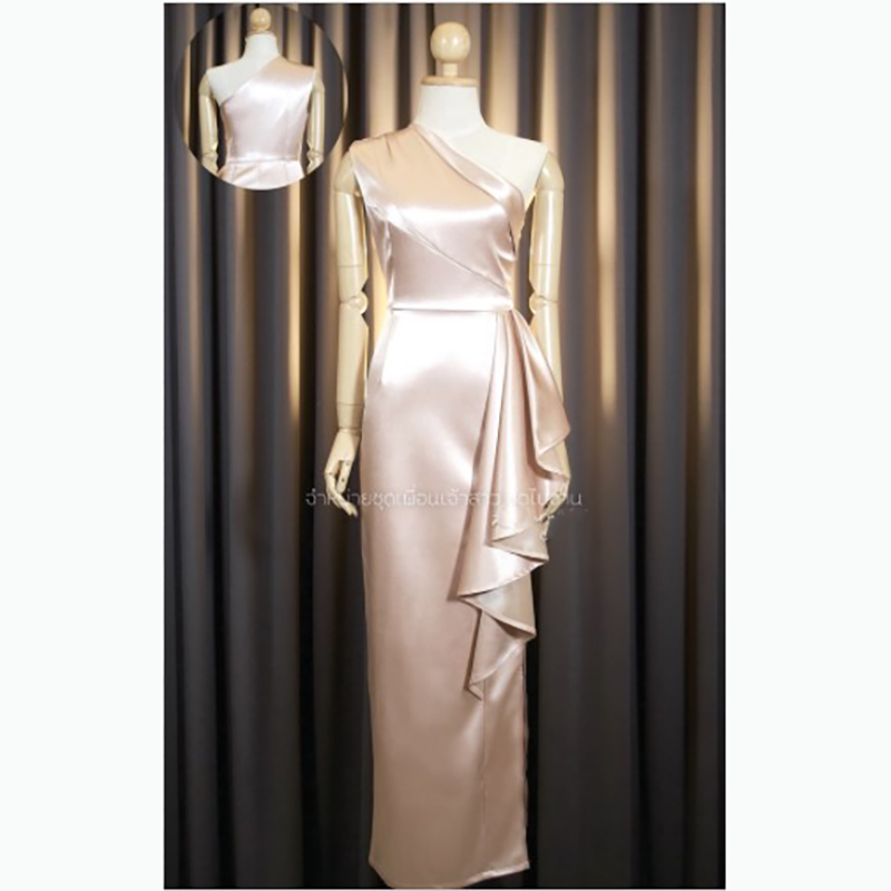 kudapy เดรสยาวออกงานสีแดงไวน์/สีครีมทอง/สีเขียวอมเทา/สีแดง บ่าเดี่ยว อกประกอบห้าชิ้น จีบสะโพก ผ่าข้าง เนื้อผ้า duchess อัดกาว เงาหนาเก็บทรง