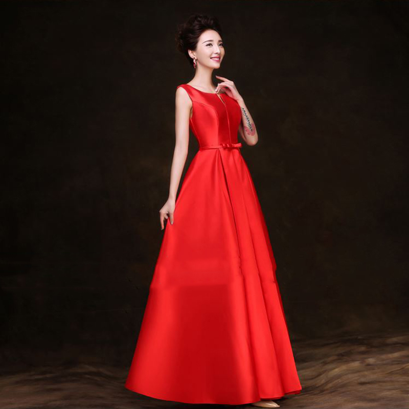 kudapyเดรสยาวสีแดง/ขาว/ครีม แบบแขนกุด ผ้าซาตินเรียบหรู แต่งโบว์2ชั้น ช่วงเอว (เชือกผูกหลัง)