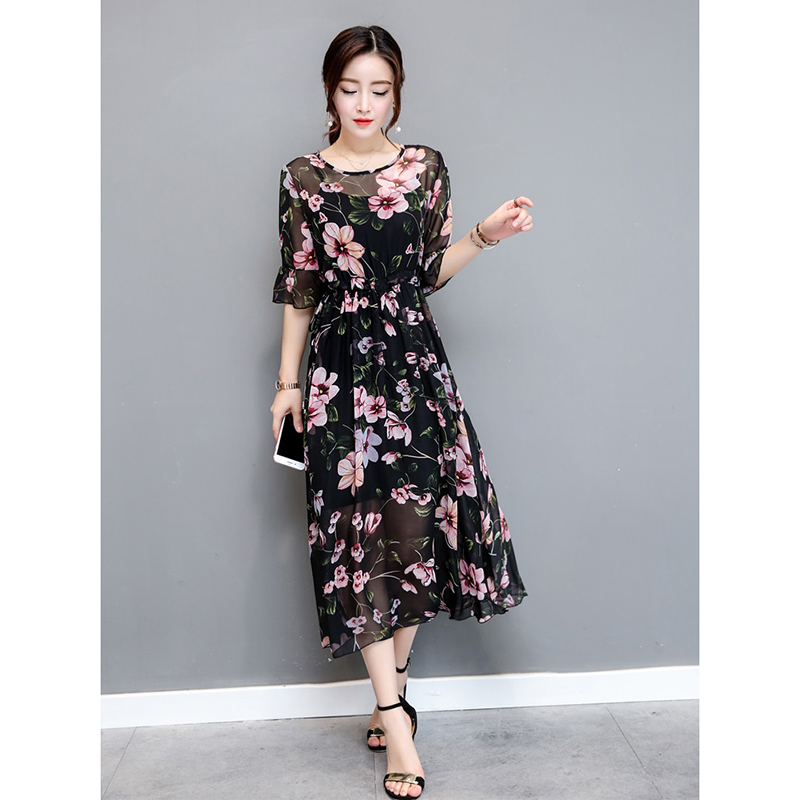 kudapy เดรสยาวสีดำ ผ้าชีฟองพิมพ์ลายดอกม่วง (มีสายเดี่ยวซับใน) มีเชือกรูดปรับขนาดตรงเอวได้