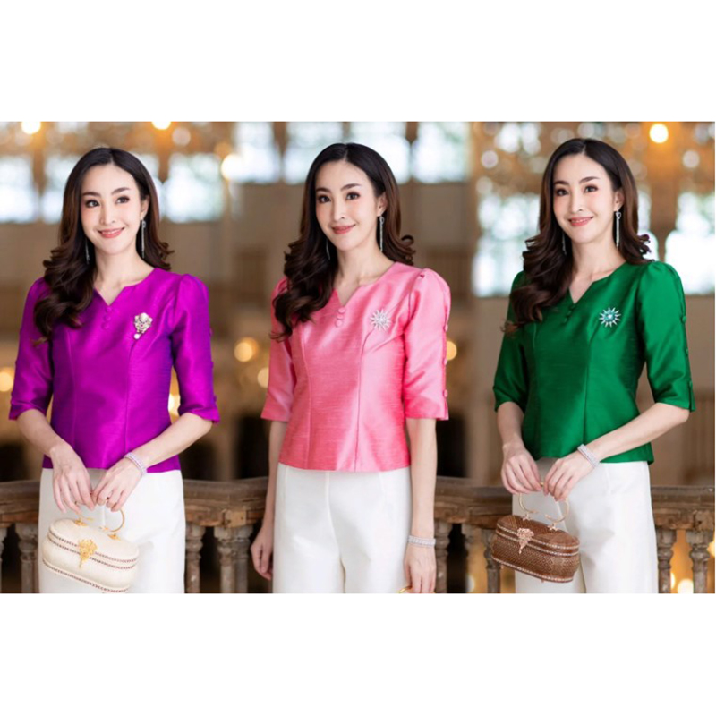 kudapy เสื้อผ้าไหม เขียวมรต บานเย็น ชมพูกลีบบัว แขน 4 ส่วนแต่งกระดุมด้านข้าง เอวปล่อย ชุดไทยประยุกต์