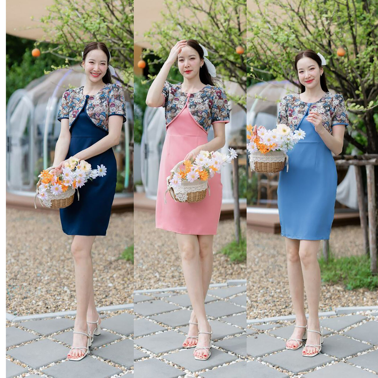 kudapy เดรสสั้นสีชมพู/สีฟ้า/สีกรม ผ้าพื้นแต่งกั๊กหมี ลายดอกไม้ สวยดูดี