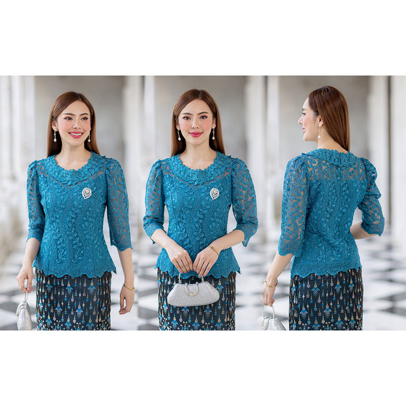 kudapy kudapy (เฉพาะเสื้อ) เสื้อลูกไม้สีม่วง/สีเขียว/สีฟ้า ผ้าลูกไม้ใยบวบเนื้อดี คอกลมสูง มีซับใน ซิปหลัง