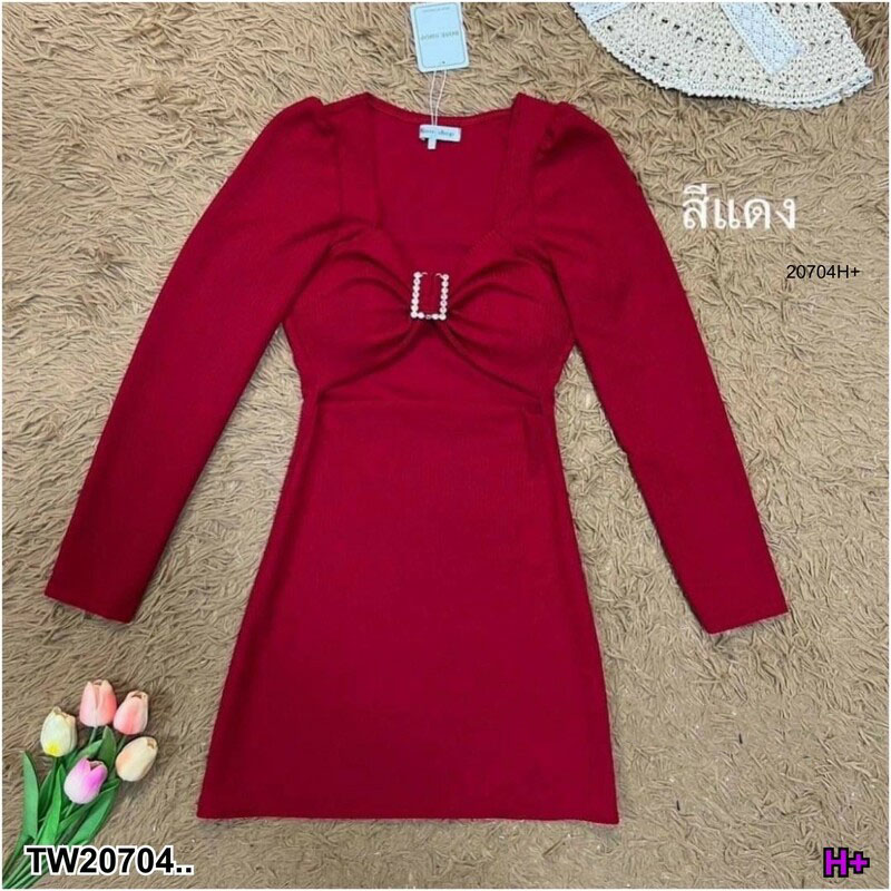 kudapy เดรส minidress แขนยาว แต่งเว้าเอว อกแต่งเข็มขัดเพชร สุดหรู ผ้ายืด ทอปทวิล