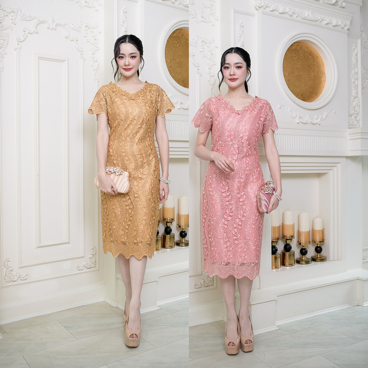 kudapy เดรสลูกไม้คอวีดอกไม้ ผ้าผสมเลื่อมสวยงาม รอบคอเราตกแต่งดอกไม้รอบคอ มีซับในทั้งชุด แต่งซิปหลัง