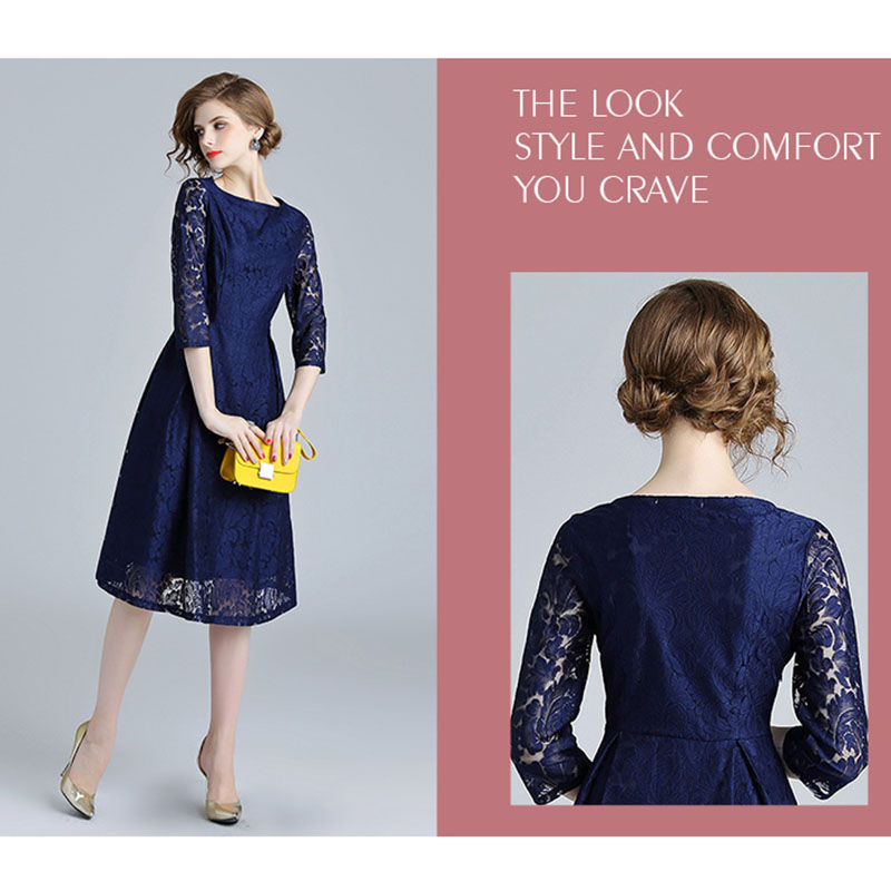 kudapy เดรสสั้นสีน้ำเงินเข้ม ผ้าลูกไม้ คอปาด แขนสามส่วน กระโปรงทรงเอบาน สวยดูดี