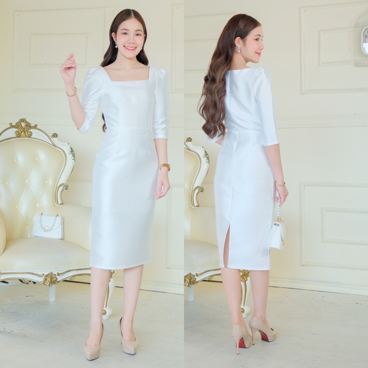 kudapy เดรสสั้นออกงาน แขนสามส่วน ดีเทลจับจีบหัวไหล่ กระโปรงสอบผ่าหลัง คอเหลี่ยม