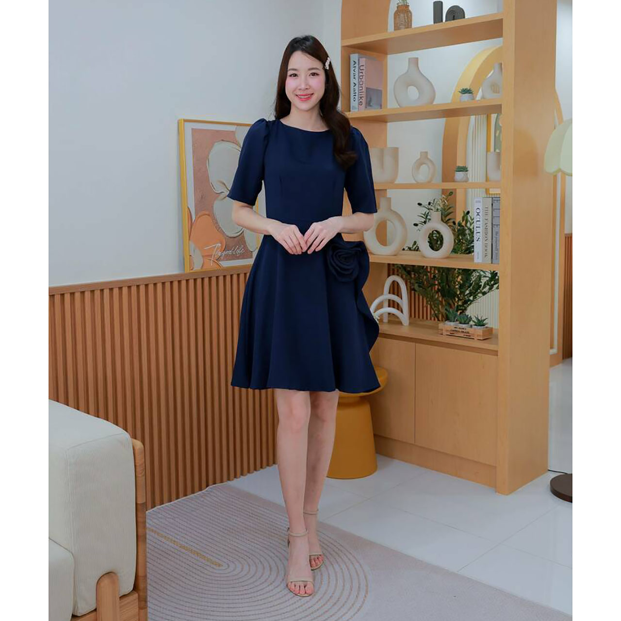 kudapy เดรสสั้นปกใบบัวกระโปรงทรงบาน