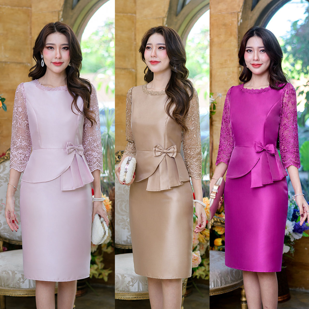 kudapy เดรสสั้นสีน้ำตาลทอง/สีชมพู/สีชมพูบานเย็น ผ้าไหม ต่อแขนลูกไม้ห้าส่วน ช่วงเอวแต่งระบายทวิสและโบว์เล็กๆ รอบคอแต่งลูกไม้ ดีเทลเยอะ