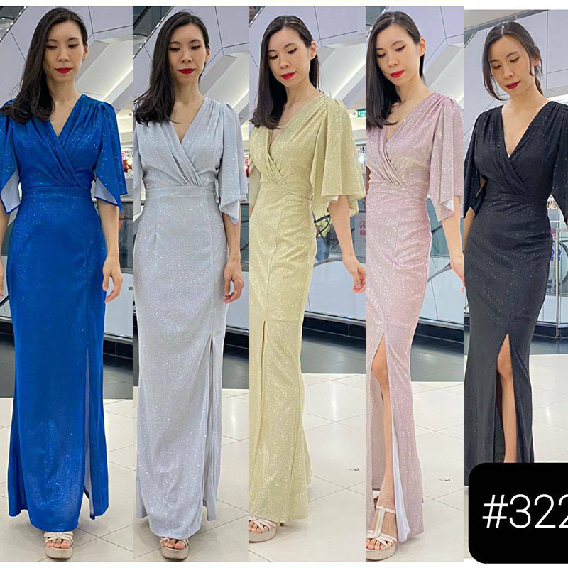 kudapy เดรสยาวสีดำ/สีน้ำเงิน/สีเงิน/สีทอง/สีชมพู/สีแดง นิ่มมาแล้วจ้า รุ่นนี้ใส่ผอม คอระหงษ์มาก ดีเทลคอวี แขนระฆัง