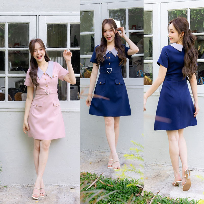 kudapy เดรสสั้นสีชมพู/สีน้ำเงิน เดรสสูทคอปกทรงน่ารัก คาดเข็มขัดมุกหัวใจ ให้ฟิลมินิมอล เป็นสาวคิ้วท์เกิล ใส่ไปเที่ยว ไปคาเฟ่