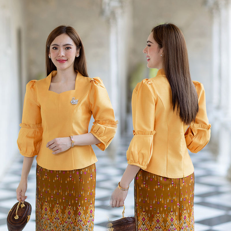 kudapy เสื้อผ้าไหมสีชมพู/สีเหลืองทอง เนื้อผ้าทอสวย เนื้อเบา ใส่สบายผิว มีลายเส้นในตัว