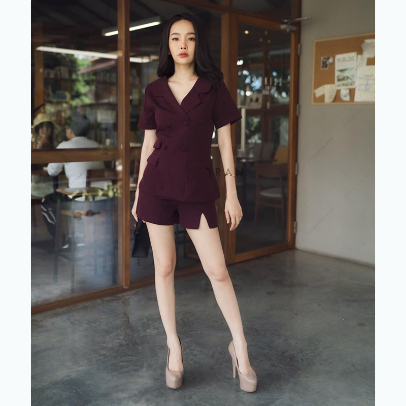 kudapy เสื้อสูท+ขาสั้นสีแดง/สีน้ำตาล ผ้าเนื้อดีรีดอัดกาว ซับในทั้งตัว ซิปหลัง