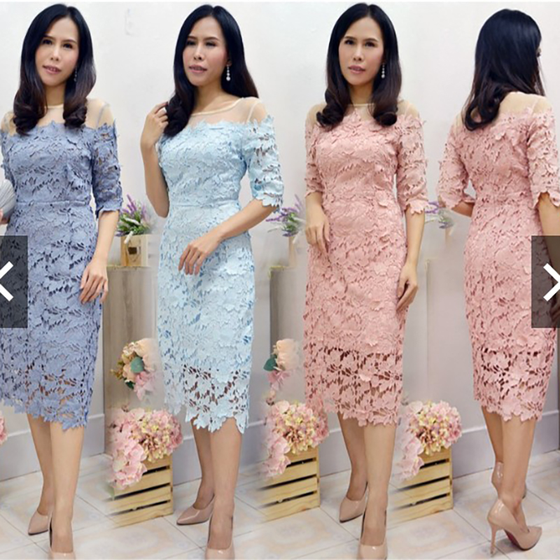 kudapy เดรสลูกไม้สีฟ้าคราม/สีฟ้า/สีชมพูกลีบบัว แขนสามส่วน ไหล่ซีทรูผ้าไหมแก้ว ผ้าลูกไม้