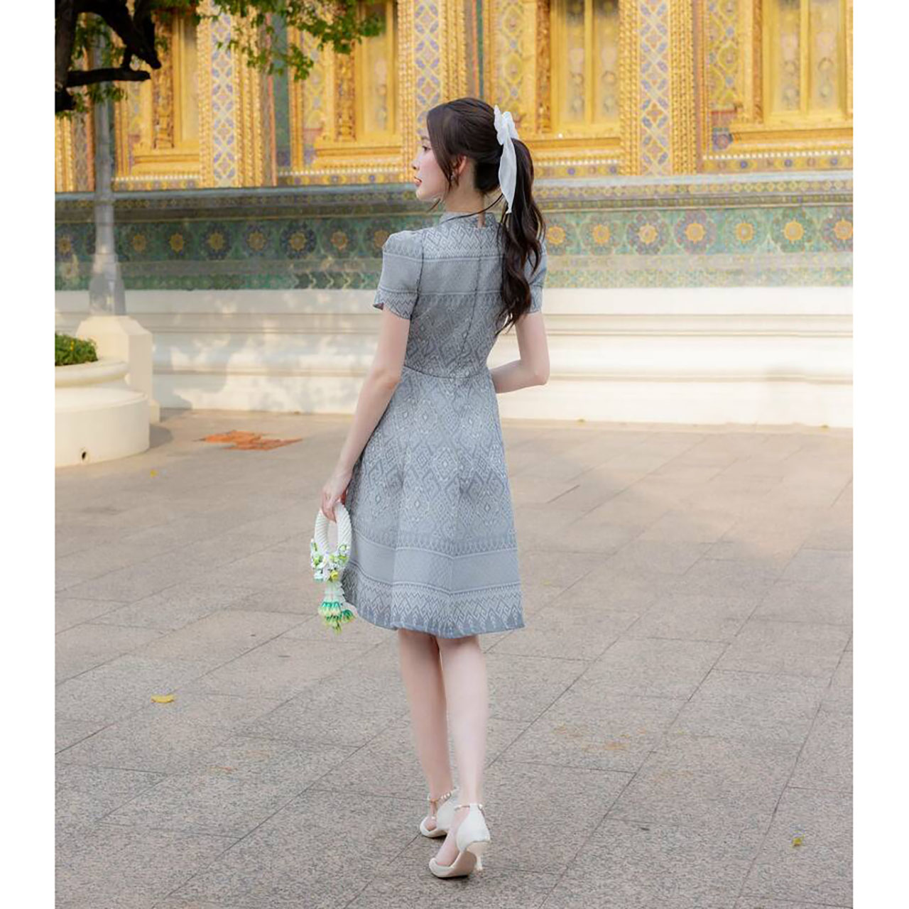 kudapy เดรสสั้นสีม่วง/สีเทา/สีเหลือง เดรสไทยทรงบานแขนกลีบบัว