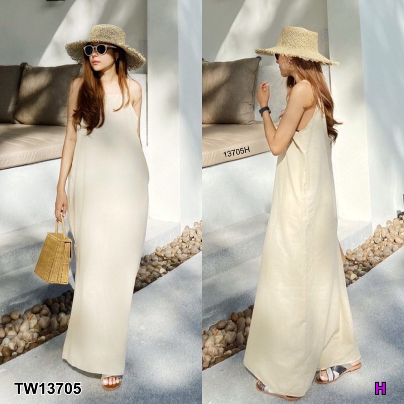 kudapy Maxi Dress เดรสยาวสีครีม ดำ เขียว เหลือง โอรส เทาเข้ม สายเดี่ยว เนื้อผ้าลินิน มีกระเป๋าข้างสองข้าง เรียบ หรู