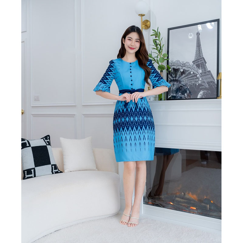 kudapy เดรสสั้นสีฟ้า/สีม่วง/สีเหลือง ลายไทยแขนกระดิ่งผูกเอว