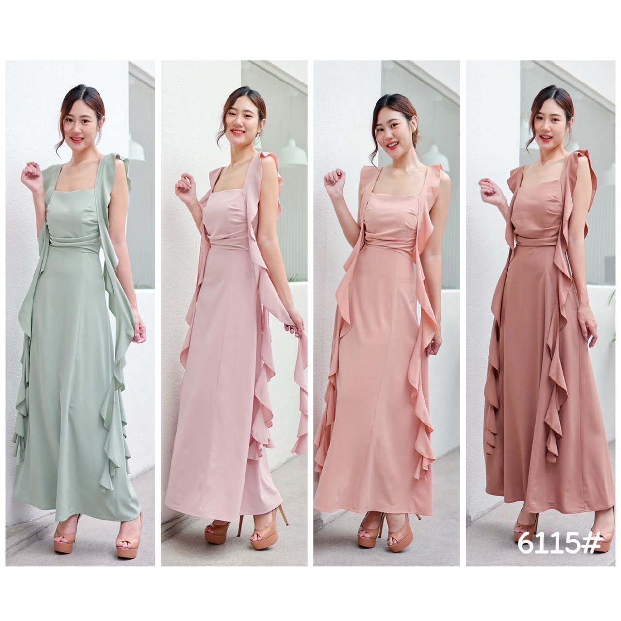 kudapy เดรสยาวสายเดี่ยว ระบายริ้บบิ้นเกลียว เข้ารูปเอวสับ กระโปรงบานสวย เนื้อผ้าชีฟองหนา มีซับในทั้งตัว