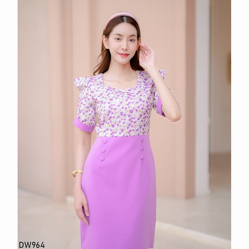 kudapy เดรสสั้นสีม่วง/สีชมพู/สีคราม แขนสั้นลายดอกมีกระดุม