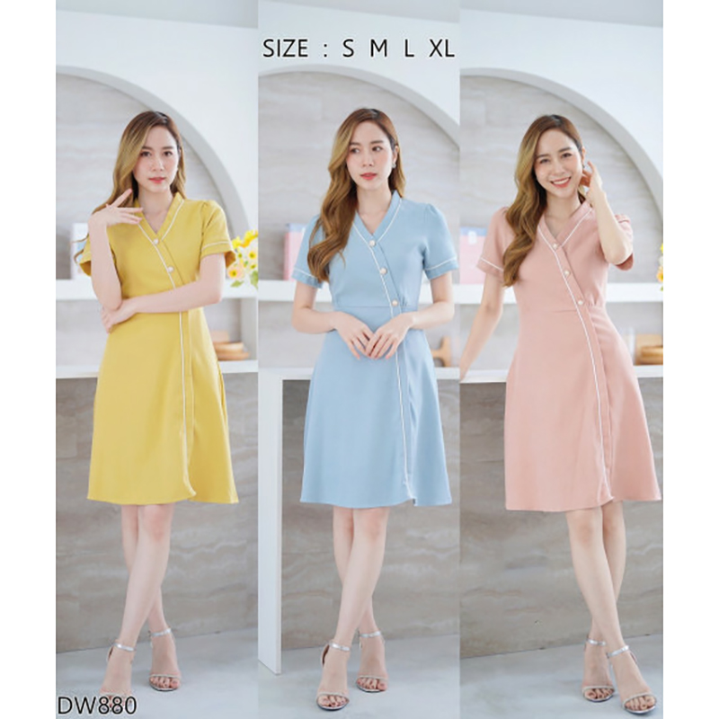 kudapy เดรสสั้นสีเหลือง/สีฟ้า/สีชมพู เดรสทำงานสีพื้นแต่งขอบกระดุม