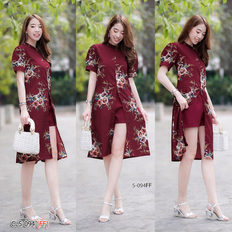 kudapy Set 2 ชิ้น เดรสคอปีนผ่าหน้า แขนตุ๊กตา เนื้อผ้าหางกระรอกพิมพ์ลายดอกกุหลาบ