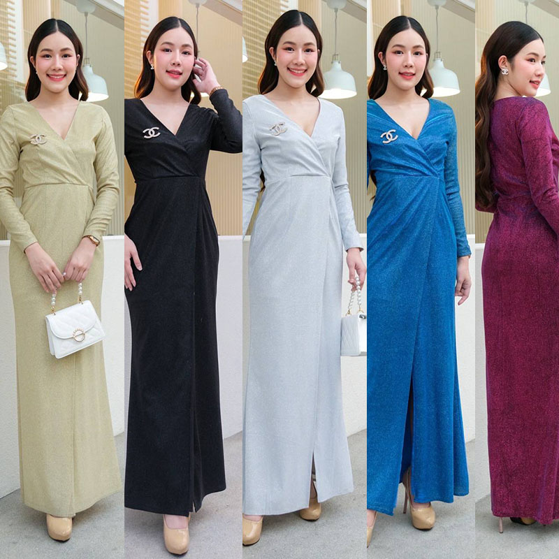 kudapy เดรสยาวสีแดงอมม่วง/สีเงิน/สีทอง/สีดำ/สีน้ำเงิน คอวี แขนยาว กระโปรงผ่าหน้า ทรงเข้ารูป รุ่นนี้ใส่ผอมสวยมากค่า ซิปหลังใส่ง่าย