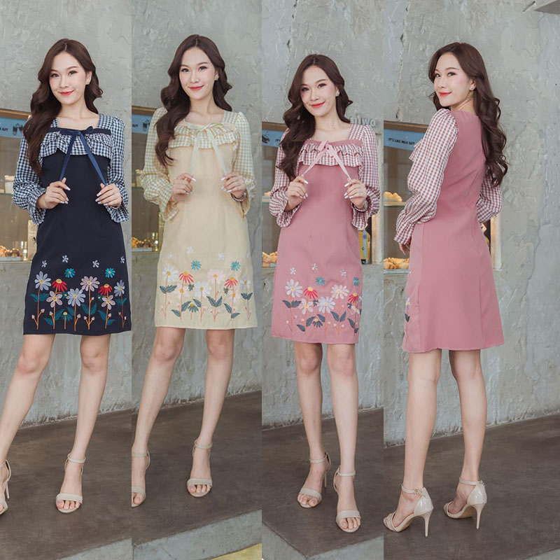 kudapy เดรสสั้นสีครีม/สีชมพู/สีกรม แขนยาวสก๊อต ดีเทลปักลายดอก น่ารักมาก ใส่ไปทำงาน ไปคาเฟ่ก็ได้