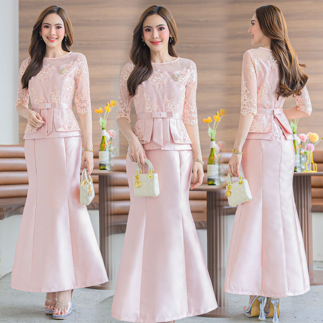 kudapy เดรสงานชิ้นเดียวไหมอิตาลีเนื้ออยู่ทรง ผ้าไหมอิตาลีทอสี่เส้นประดับด้วยผ้าลูกไม้เกรดพรีเมี่ยม