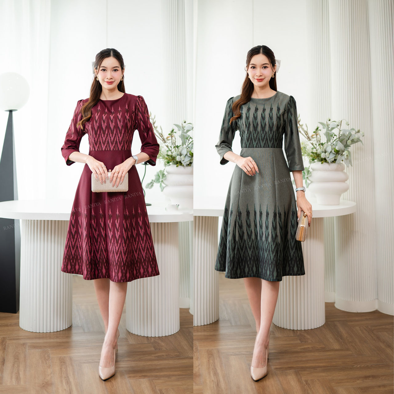 kudapy เดรสทรง A-line Dress ผ้าใส่สบาย ปริ้นลายมัดหมี่มาพร้อมซับในและซิปซ่อนหลังใส่สบาย