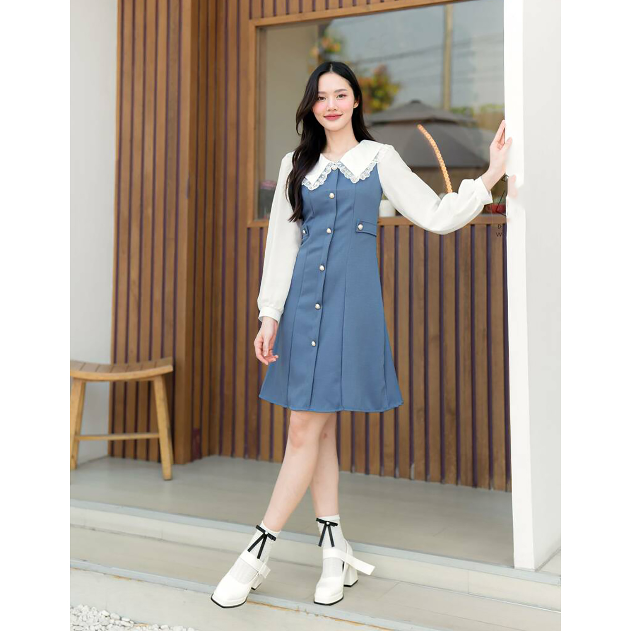 kudapy เดรสสั้นสีชมพู/สีน้ำเงินคราม คอปกผ้าพื้นแขนยาว