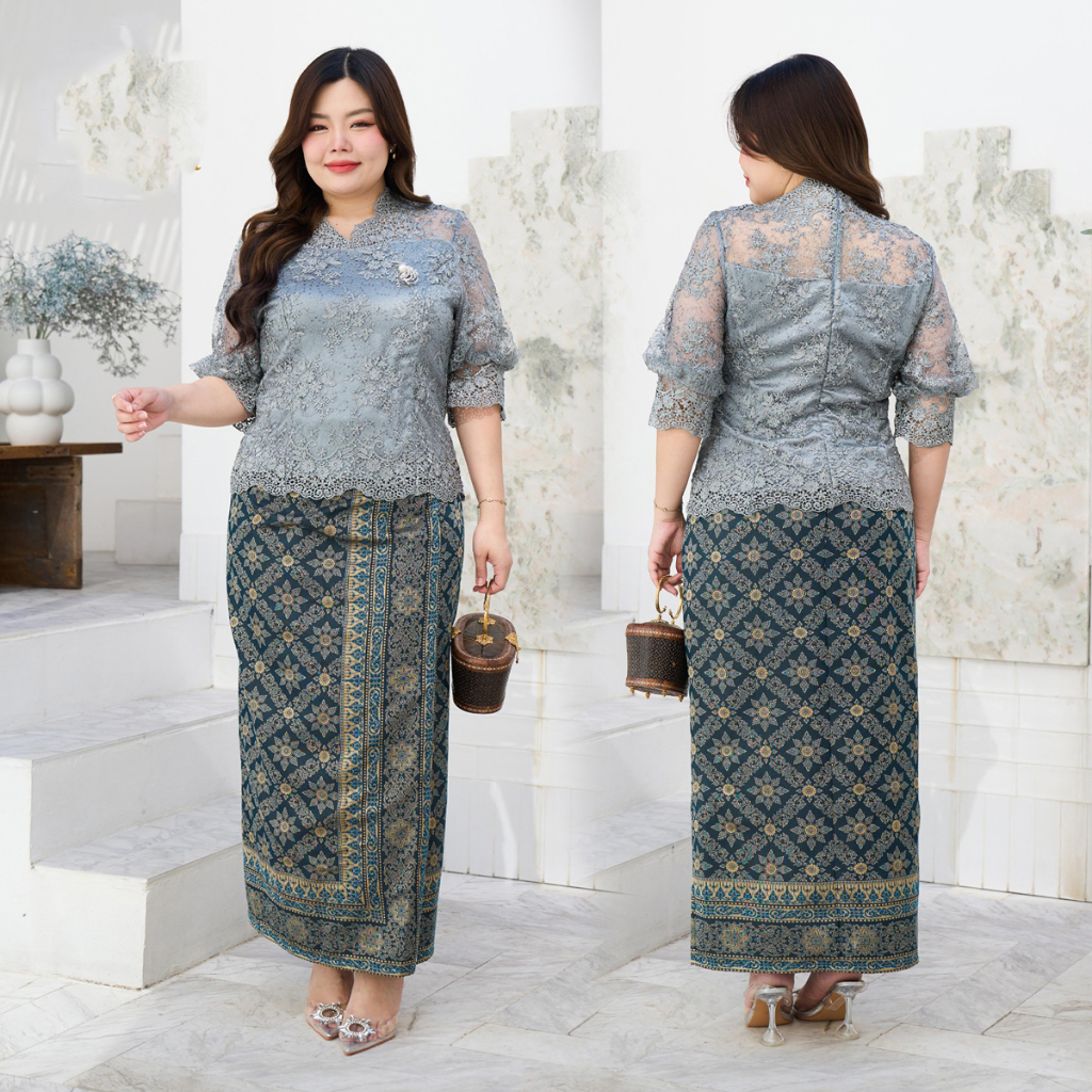 kudapy เซ็ท เสื้อลูกไม้ใยบวบสีม่วง+ผ้าถุงผ้าฝ้ายทอลายบุพเพสันนิวาสสำเร็จรูปอัดกาวอย่างดี