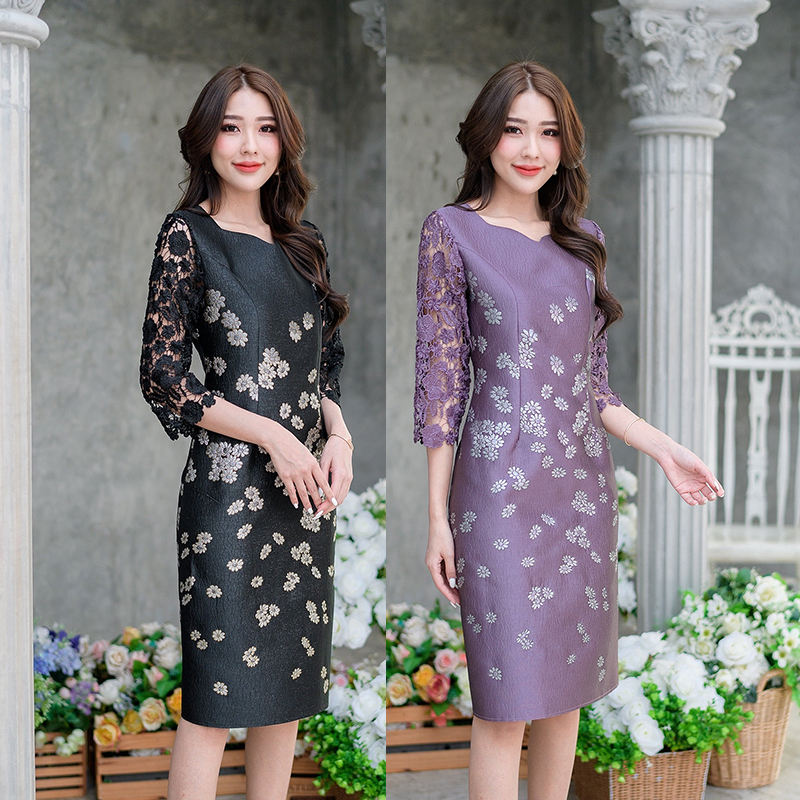 kudapy เดรสสั้นแขนสามส่วนสีดำ/สีม่วง ลายดอกไม้ผ้า jacquard ทอลายผสมดิ้นเงินลายดอกไม้ เป็นลูกไม้เงาถัก งานลายผ้าสวยช่วงแขนจะเป็นซีทรู