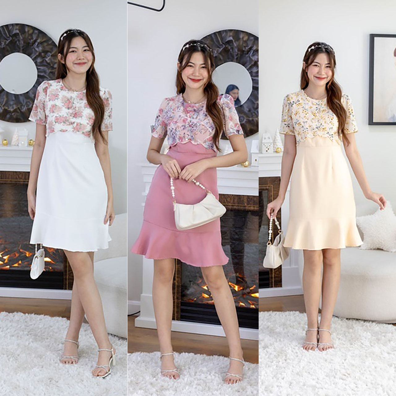 kudapy เดรสสั้นสีชมพู/สีครีม/สีขาว แต่งชายกระโปรงเสื้อลายคอกลม