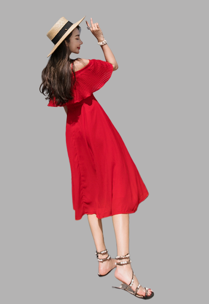 ชุดแมกซี่เดรสยาวคลุมเข่า สายเดี่ยวแต่งระบาย สีแดง เดรสเที่ยวละเล เดรสใส่เที่ยวชิวๆ XL