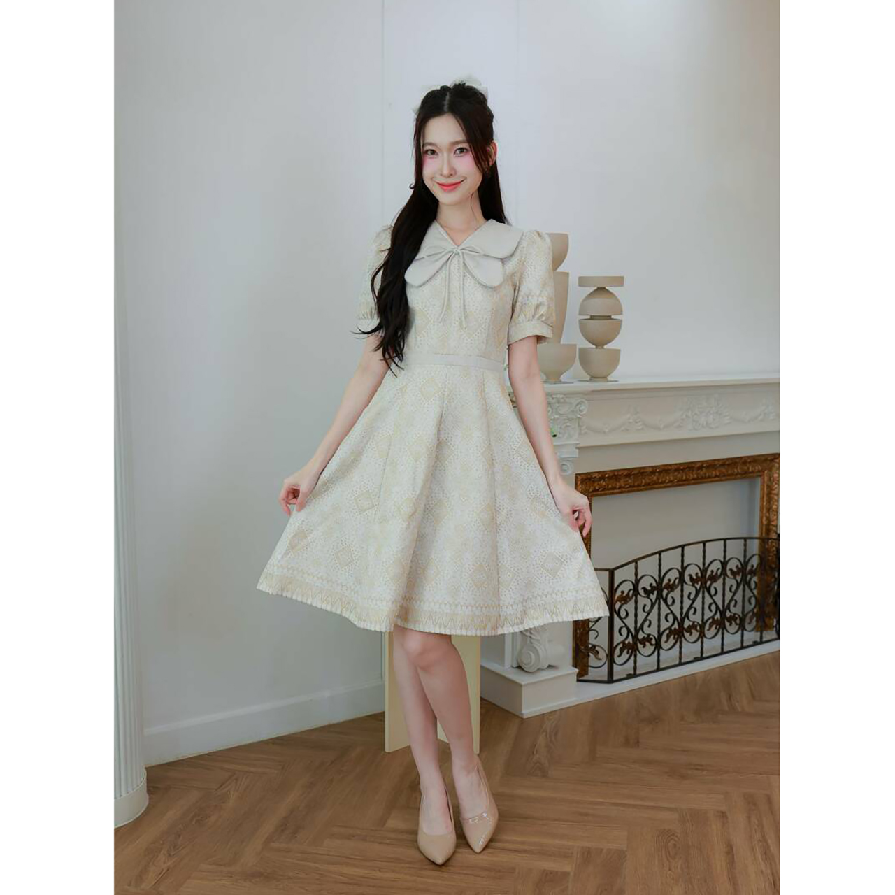 kudapy เดรสคอปกบัวผีเสื้อแขนตุ๊กตาพิมพ์ลาย