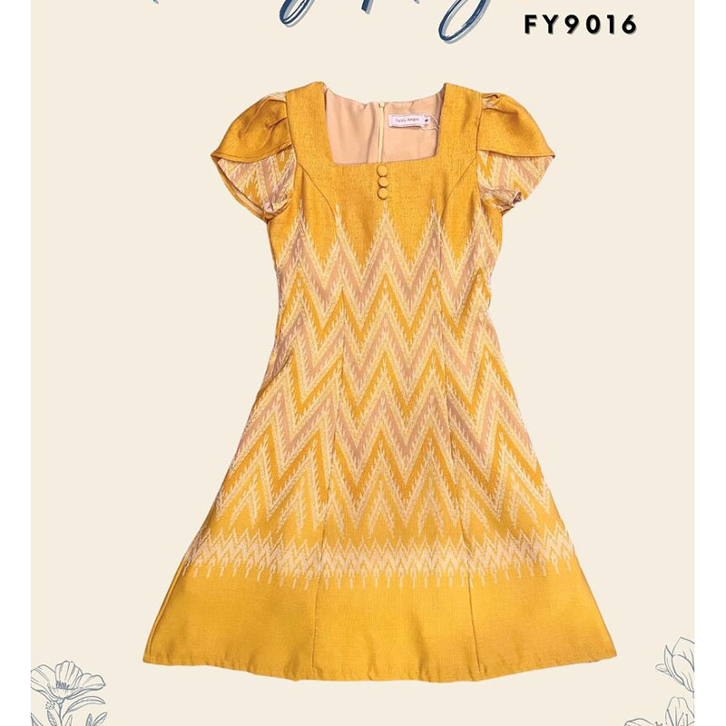 kudapy เดรสสั้นสีฟ้า/สีเหลือง ผ้าทอแขนกลีบบัว ผ้าลายไหย ใส่ทำงานสวยดูดี