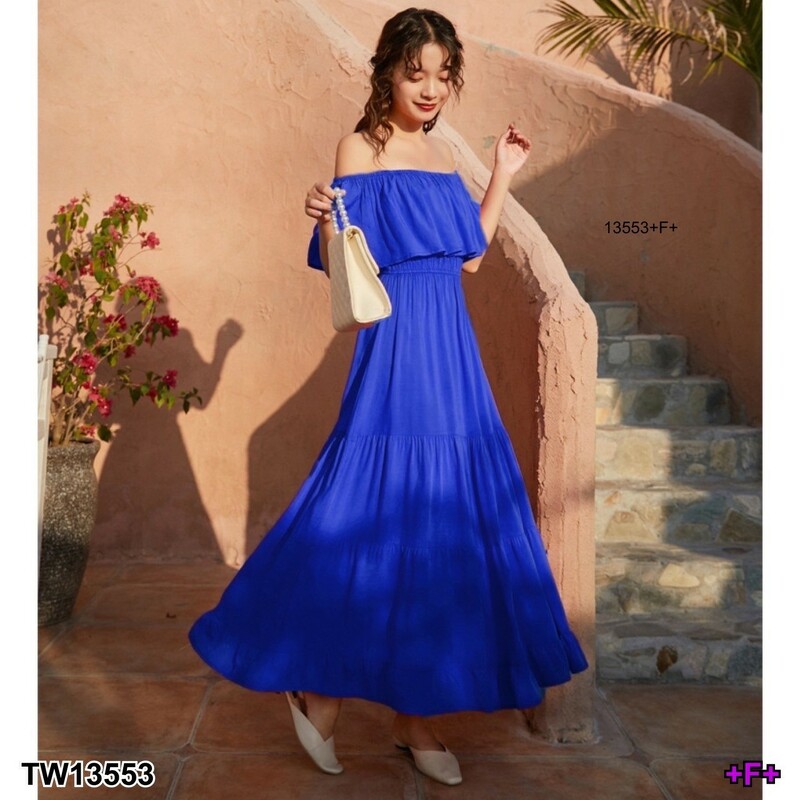 kudapy Maxi Dress เดรสยาว เปิดไหล่ แขนระบาย ยางยืดเอวรอบ เนื้อผ้าอิตาลี่