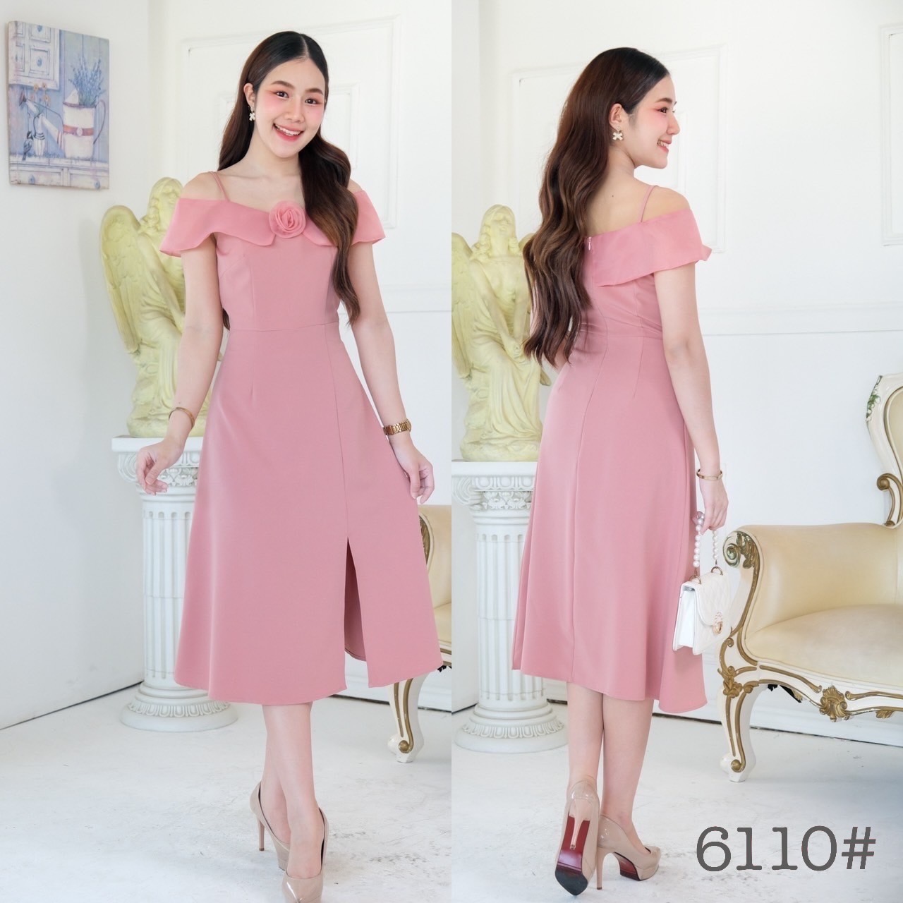 kudapy เดรสสั้นสีชมพูอ่อน,ชมพูเข้ม,ครีมนู๊ด,ชาไทย,มิ้น เปิดบ่า สายเดี่ยว พับระบายผ้าแก้วออร์เดรดี้รอบบ่า แต่งเข็มกลัดดอกไม้ออร์เกนดี้ กระโปรงบาน ผ่าหน้า