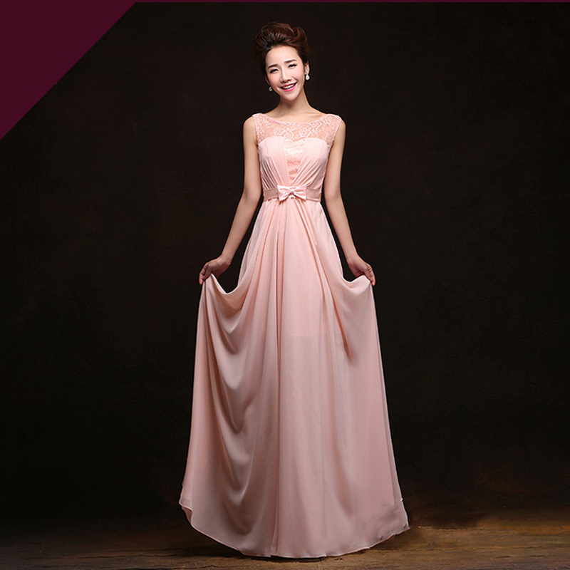 kudapy เดรสยาวสีชมพู ชุดราตรีแบบแขนกุด ผ้าชีฟอง แต่งผ้าลูกไม้ & โบว์ช่วงเอว สวยหวาน (เชือกผูกหลัง)