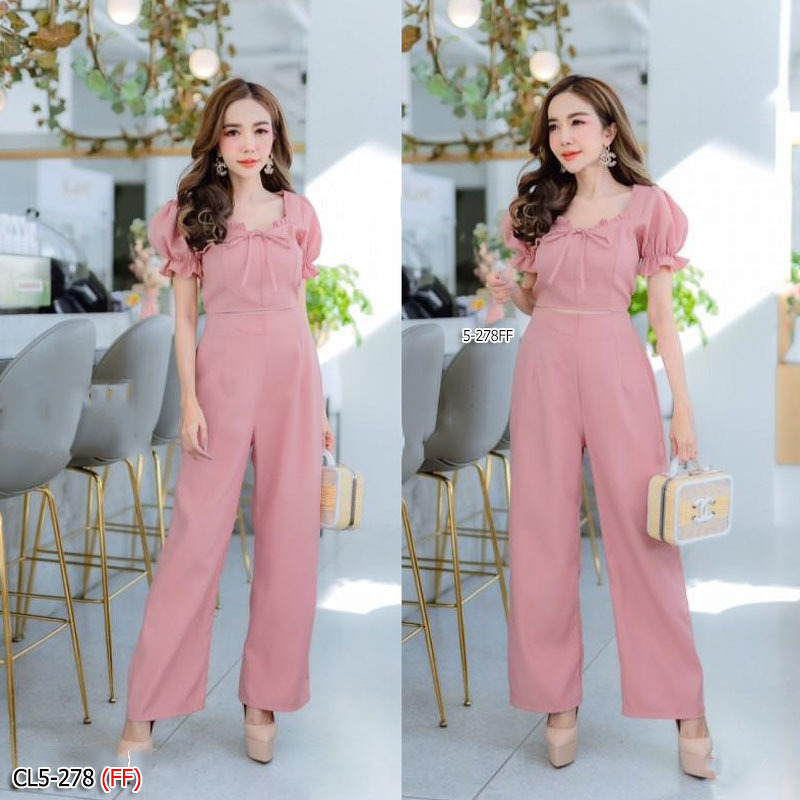 kudapy Set 2 ชิ้นสี ชมพู น้ำตาล เขียว เสื้อแขนพองปลายแขนสม๊อค อกจับจีบผูกโบว์ มาพร้อมกางเกงขายาว สวยๆ เก๋ๆ