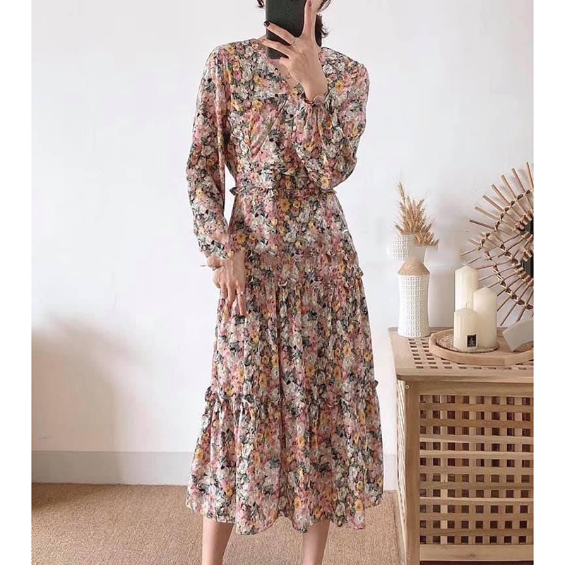 kudapy ชุด Set ผ้าชีฟองลายดอกสีม่วง/สีชมพู/สีฟ้า เนื้อผ้าอย่างดี เดรสยาวคอวี เก็บเอวสวยงานดีมาก ใส่สบายสุดๆ