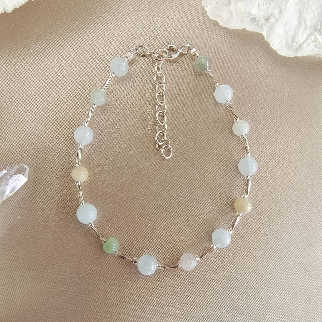 สร้อยข้อมือเงินหินหยกกับอความารีน (Jade+Aquamarine)
