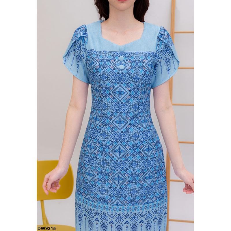 kudapy เดรสสั้นสีฟ้า/สีชมพู/สีม่วง ผ้าลายไทยแขนกลีบบัว